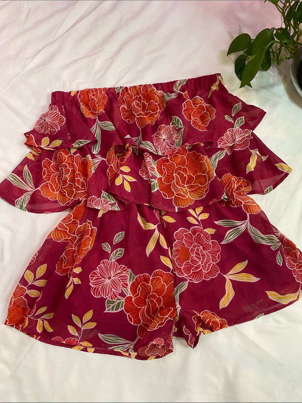 Brand Peach Love- Off-Shoulder Floral Romper in Berry Red- Size Medium